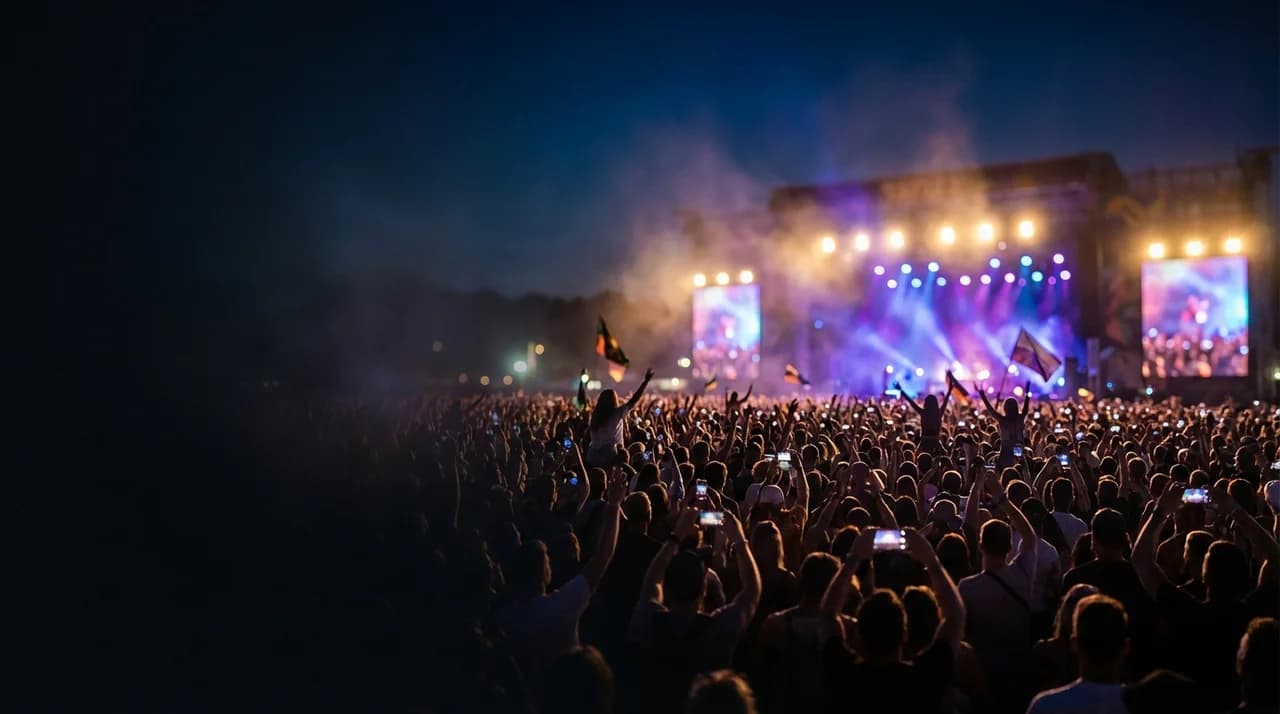 Stadium crowd under floodlights